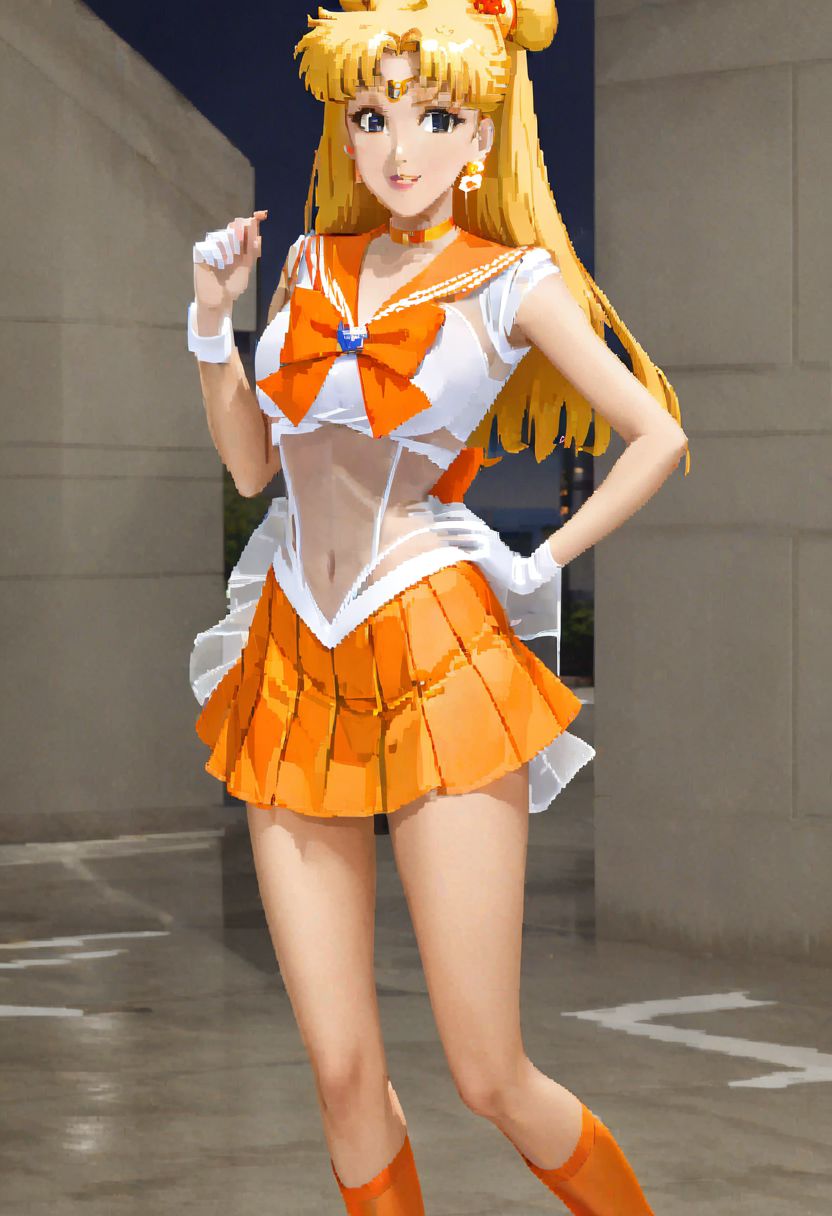 snes style, see-through, anime, cartoon, Sailor Venus, long blonde hair, sexy, sailor senshi uniform, orange skirt