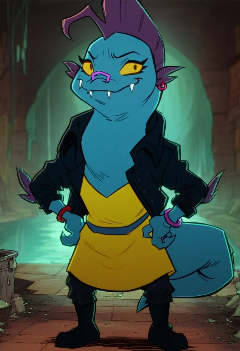 score_9_up, score_8_up, score_7_up, score_6_up, 1girl, solo, lee_tmnt, furry female, purple mohawk, fangs, nose ring, earrings, bracelets, black leather jacket, yellow dress, pants, boots, yellow eyes, yellow sclera, (standing in a sewer), hands on hips, smug smile