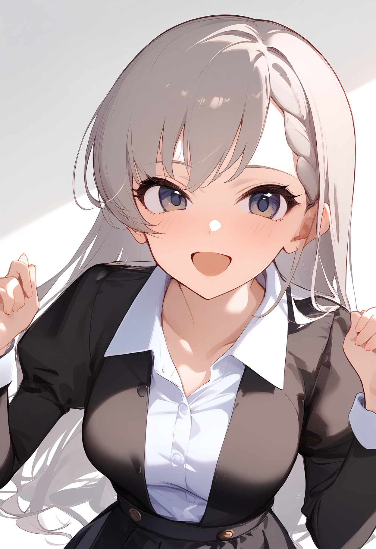 1girl,collared shirt,hisakawa hayate,simple background,white background,solo,white shirt,dress shirt,looking at viewer,black jacket,blush,juliet sleeves,upper body,closed mouth,collarbone,black skirt,open mouth,smile,hands up,<lora:a31_char_new_hisakawa_hayate-000026:1>masterpiece, best quality, absurdres<lora:a31_style_koni-000010:0.8>