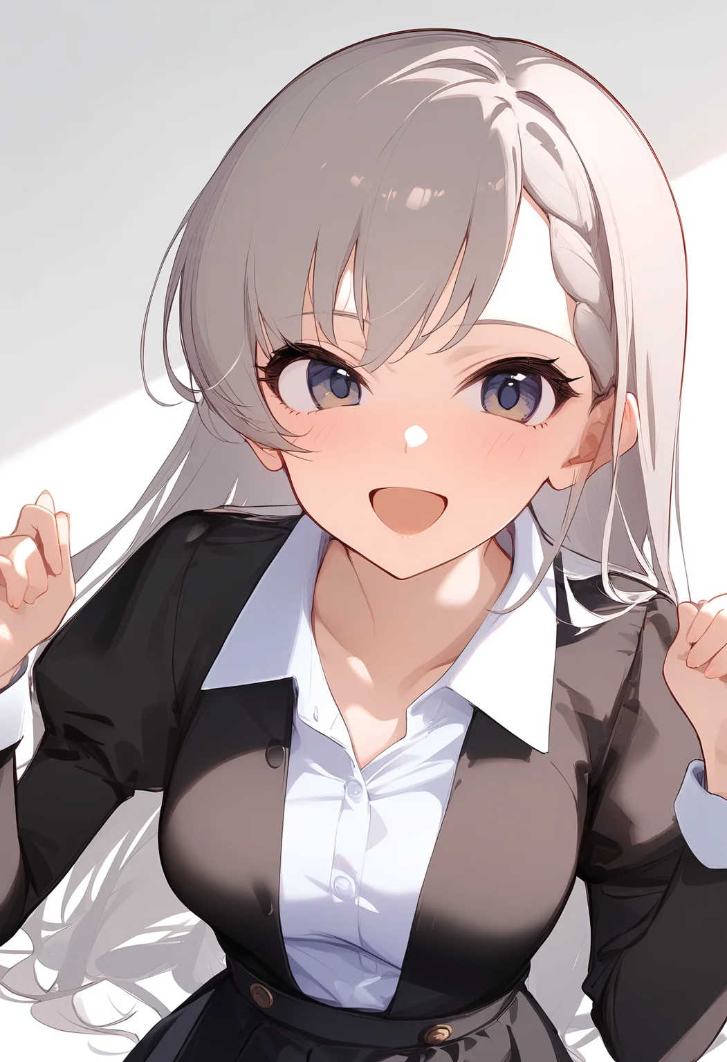 1girl,collared shirt,hisakawa hayate,simple background,white background,solo,white shirt,dress shirt,looking at viewer,black jacket,blush,juliet sleeves,upper body,closed mouth,collarbone,black skirt,open mouth,smile,hands up,<lora:a31_char_new_hisakawa_hayate-000026:1>masterpiece, best quality, absurdres<lora:a31_style_koni-000010:0.8>
