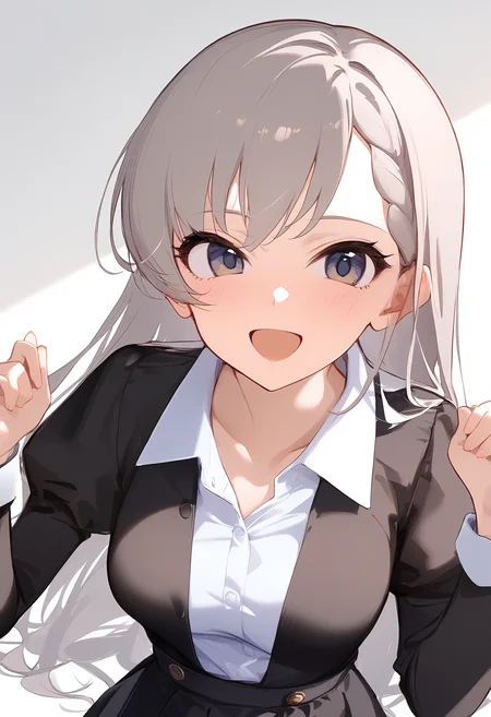 1girl,collared shirt,hisakawa hayate,simple background,white background,solo,white shirt,dress shirt,looking at viewer,black jacket,blush,juliet sleeves,upper body,closed mouth,collarbone,black skirt,open mouth,smile,hands up,<lora:a31_char_new_hisakawa_hayate-000026:1>masterpiece, best quality, absurdres<lora:a31_style_koni-000010:0.8>