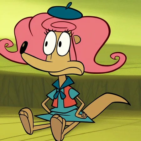 blue green beret, smile, Expressive eyes, standing, wavy and voluminous hair, hands on hips, scout uniform, full body, sitting on the floor, bright pink hair, Patsy_CL, red vest, , furry, in the forest, solo, Score_9, small stature, sitting, blue green dress, 1girl, tail