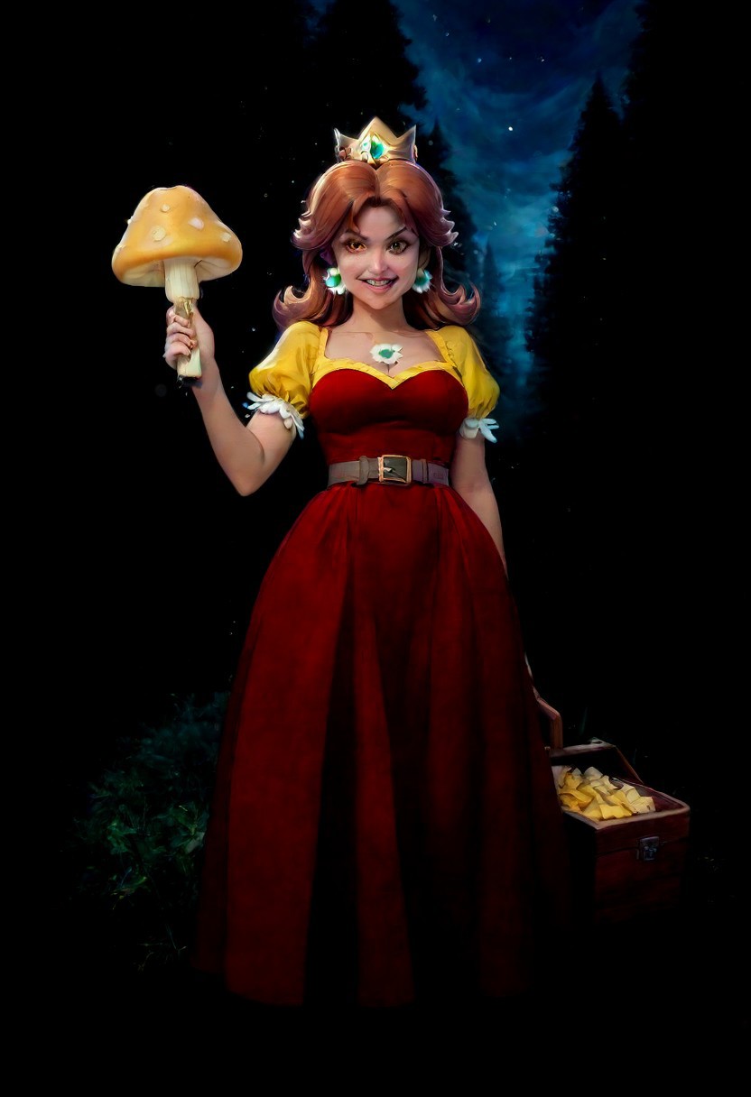 score_9,score_8_up,score_7_up,score_6_up,score_5_up,1girl, score_4_up,source_nintendo,daisy,princess_daisy,brown_hair, mario_(series),red_eyes,glowing eyes,shotgun made of clocks, long hair,slit pupils,(flower bracelets),(dark skin),curvy,frown, smile,clenching fists,tongue,grin,wide hips,thick thighs,thick legs,medium breasts,narrow waist,(tattoos:1.4),flower tattoo, forest,autumn forest,thorny vines,dirt road,wooden hut,gold shroom,yellow mushrooms,glowing mushrooms,night,stars (sparkles:1.4),sky,clouds,long skirt,yellow dress,white ribbon belt,holding umbrella,holding basket,(puffy shoulders),puffy red lips,(short sleeves),lacy skirt,very long skirt,gold earrings, hand sign,moonlight,shiny skin,dynamic pose,crystal yellow orbs,levitating yellow orbs,big mushrooms,(motion lines:1.4),(thick outlines:1.4),(trembling lines:1.4),sweat,destroyed stone bricks,jewelry,steam,steamy breath,wine bottle,salami,cheese, spoken food,(gun case),bullet belt,weapons,gold crown,tiara, masterpiece,best_quality,newest,absurdres,best shadow,light particles,highly detailed background,amazing quality,highly detailed_skin,very_detailed_clothes,power_lines,speed lines, emphasis_lines,very_aesthetic,dynamic_angle,high quality,4k, best shadows,Cheese style,dress made of cheese,<lora:add-detail-xl:1.5>
