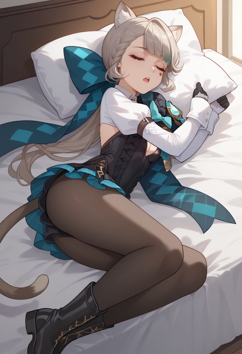 score_9, score_8_up, score_7_up, source_anime, 1girl, solo, lynettedef, closed eyes, grey hair, long hair, braid, small breasts, animal ears, animal ear fluff, cat girl, star (symbol), cat tail, hair bow, aqua bow, long sleeves, puffy sleeves, frills, black leotard, backless outfit, cleavage, black gloves, covered navel, black pantyhose, black footwear, boots, open mouth, lap pillow, looking to the side, lying, on bed, on side, pillow hug, sleeping, indoors, bedroom, upper body, <lora:Lynette_v1-000010:1>
