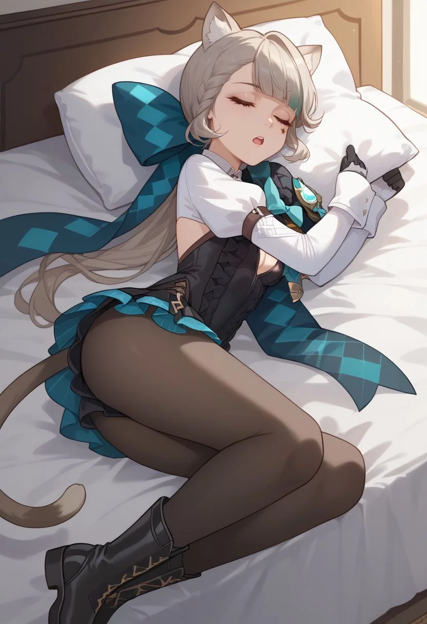 score_9, score_8_up, score_7_up, source_anime, 1girl, solo, lynettedef, closed eyes, grey hair, long hair, braid, small breasts, animal ears, animal ear fluff, cat girl, star (symbol), cat tail, hair bow, aqua bow, long sleeves, puffy sleeves, frills, black leotard, backless outfit, cleavage, black gloves, covered navel, black pantyhose, black footwear, boots, open mouth, lap pillow, looking to the side, lying, on bed, on side, pillow hug, sleeping, indoors, bedroom, upper body, <lora:Lynette_v1-000010:1>