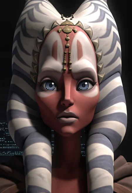 <lora:Shaak_Ti:1> shaak_ti, togruta, blue_white_lekku, red_skin, facial_markings, dark_brown_and_beige_outfit, head_jewelry, original_appearance, clone_wars_style, star_wars_background, 3d, close_up