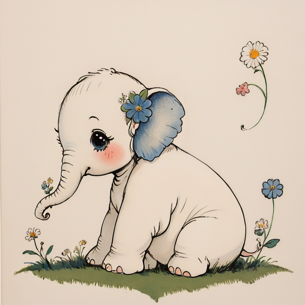 <lora:Delicate_WhimsySDXL:1> ArsMJStyle, Delicate Whimsy, The image shows a drawing of an elephant with a flower in its trunk sitting on the grass. The elephant is white in color and the flower is a vibrant blue., flower, no humans, blush, sitting, hair flower, grass, solo, hair ornament, creature, simple background