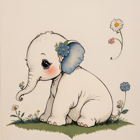 <lora:Delicate_WhimsySDXL:1> ArsMJStyle, Delicate Whimsy, The image shows a drawing of an elephant with a flower in its trunk sitting on the grass. The elephant is white in color and the flower is a vibrant blue., flower, no humans, blush, sitting, hair flower, grass, solo, hair ornament, creature, simple background