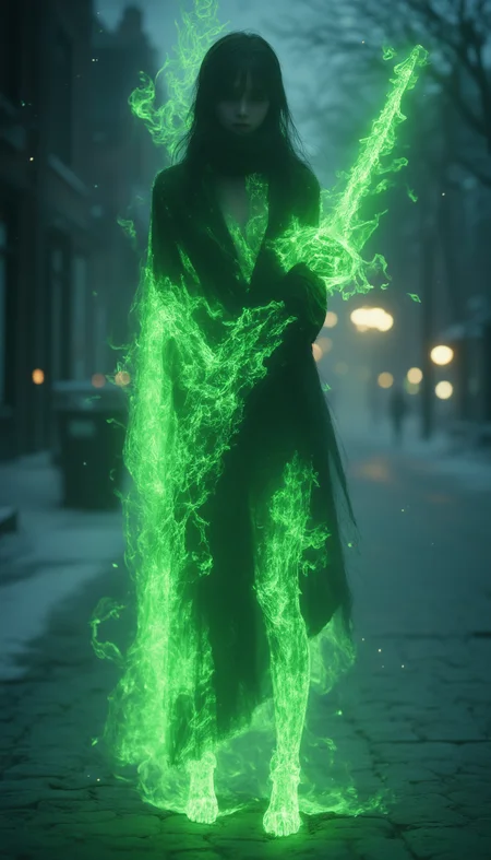 bailing_fire,
A girl **** entirely of flames stands,
Photorealistic, Cinematic Texture, a distant shot of a girl **** entirely of green flames, resembling a ghost, standing on a winter street. Her full body, composed of flickering green flames, appears as a translucent, glowing ghost-**** figure. In one hand, she holds a magical sword, its blade radiating an otherworldly green aura that complements her fiery form. The sword’s intricate, enchanted design flickers with sparks of energy, as if connected to the girl's essence. Her fiery form emits a soft, eerie green light, blending with the surroundings, and the glowing sword adds to the ethereal, haunting atmosphere as she stands alone in the cold winter night.