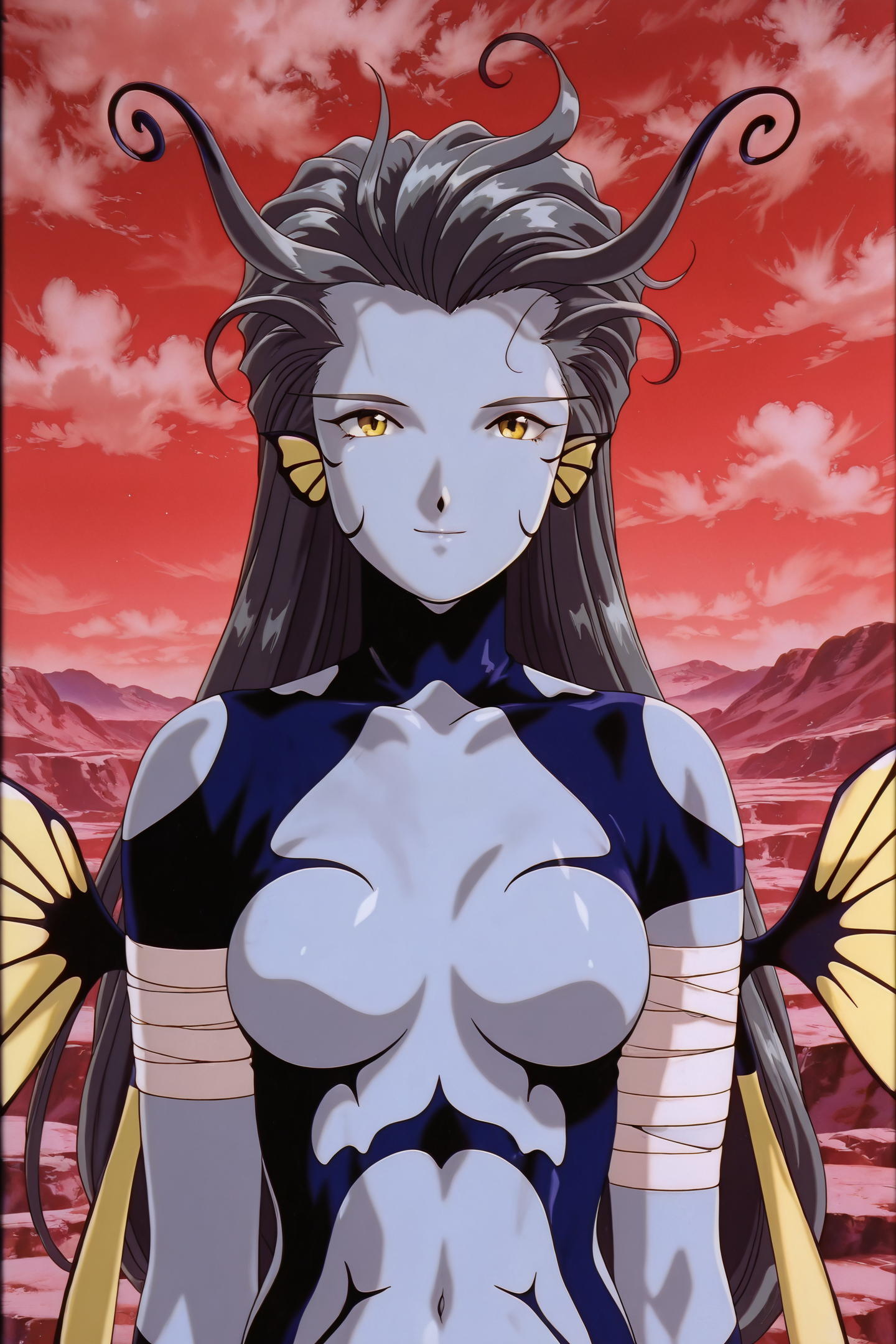 OVA Style,Morgan,1girl,solo,yellow eyes,wings,colored skin,black hair,breasts,long hair,antennae,cloud,sky,insect wings,outdoors,genderswap \(mtf\),genderswap,red sky,monster girl,arthropod girl,grey skin,medium breasts,retro artstyle,1990s \(style\),upper body,insect wings,looking at viewer,light smile,bandage,
<lora:Ah! My Goddess_illustriousXL:1.3>,