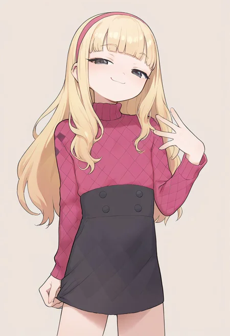 score_9, score_8_up, score_7_up, score_6_up,
1girl, kendall perkins, blonde hair, blunt bangs, black eyes, long hair, pink hairband, argyle sweater, long sleeves, black skirt, perfect hands, smug, posing, flat chest, solo, simple background, half closed eyes, shrug