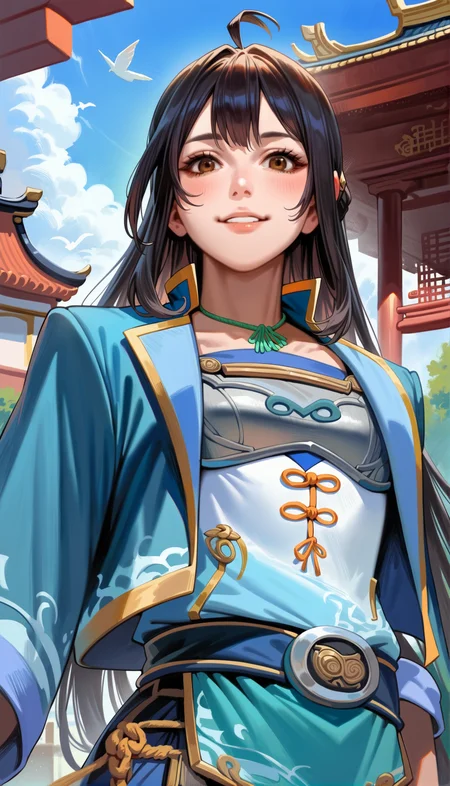 score_9,score_8_up,score_7_up,<lora:xinxianying>,xinxianying,
1girl,solo,long black hair,bangs,ahoge,brown eyes,looking at viewer,smile,default costume,rope choker,portrait,from below,outdoors,chinese architecture,