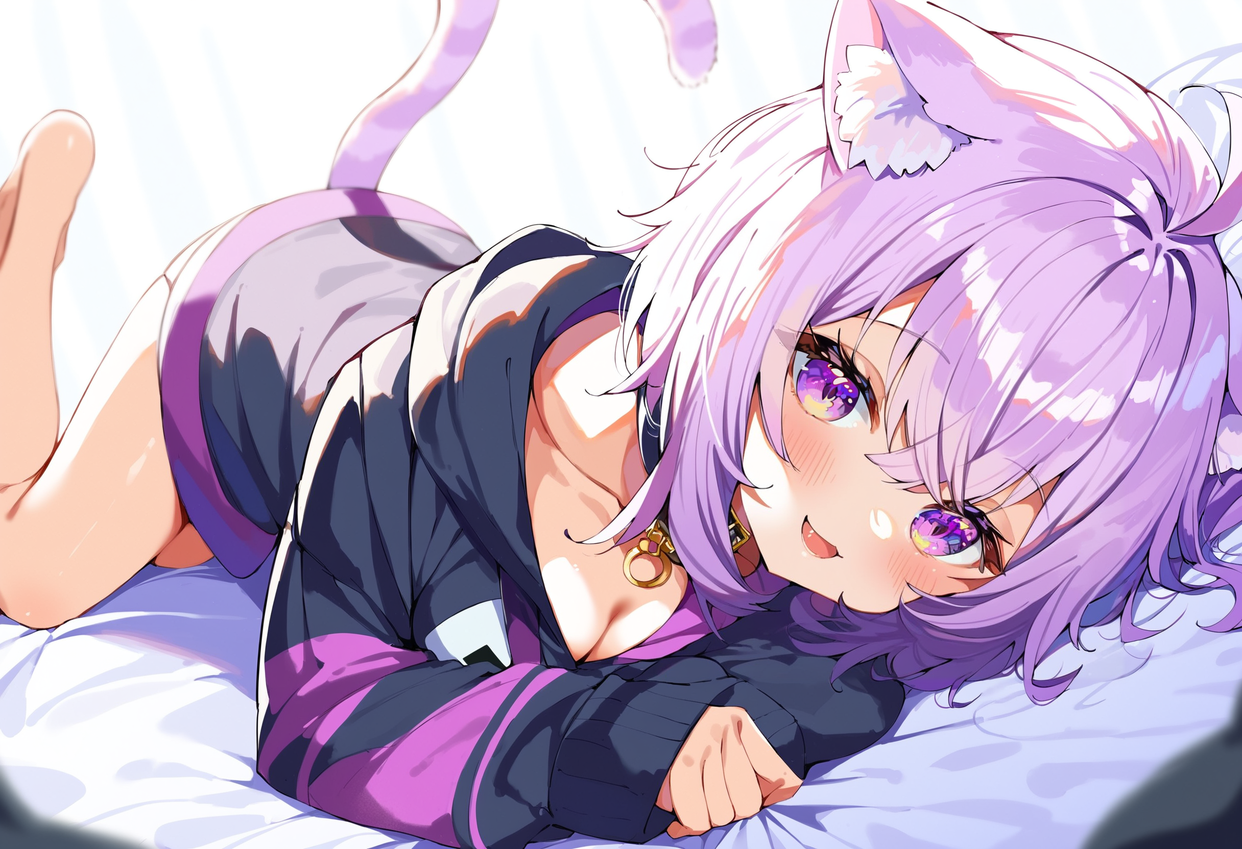 score_9, score_8_up, score_7_up, score_6_up, source anime,
nekomata okayu, nekomata okayu default, animal ear fluff, black hoodie, onigiri print,
1girl, solo, cat tail, lying, looking at viewer, on stomach, collar, open mouth, collarbone, blush, barefoot, bed sheet, smile, downblouse, cleavage, all fours, 
depth of field, close-up, soft focus
<lora:nekomata_okayu_v2:1>