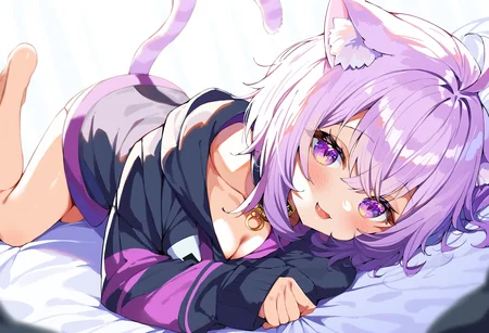 score_9, score_8_up, score_7_up, score_6_up, source anime,
nekomata okayu, nekomata okayu default, animal ear fluff, black hoodie, onigiri print,
1girl, solo, cat tail, lying, looking at viewer, on stomach, collar, open mouth, collarbone, blush, barefoot, bed sheet, smile, downblouse, cleavage, all fours,
depth of field, close-up, soft focus
<lora:nekomata_okayu_v2:1>