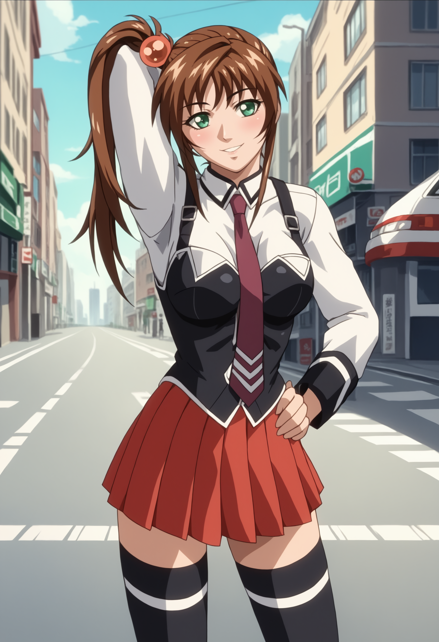 score_9, score_8_up, score_7_up, score_6_up, source_anime, uncensored,
1girl, imari kurumi, cowboy shot, anime screenshot, 
standing, hand on own hip, hand up, (arm behind head:1.1), 
solo,
looking at viewer, parted lips, blush, smile, head tilt, 
brown hair, long hair, green eyes, hair bobbles, high side ponytail,
white shirt, (vest, suspenders:1.1), red skirt, pleated skirt, black thighhighs, white trim,
outdoors, street, building, road, city, day,
 <lora:Imari Kurumi 3216 ponyv6:1>