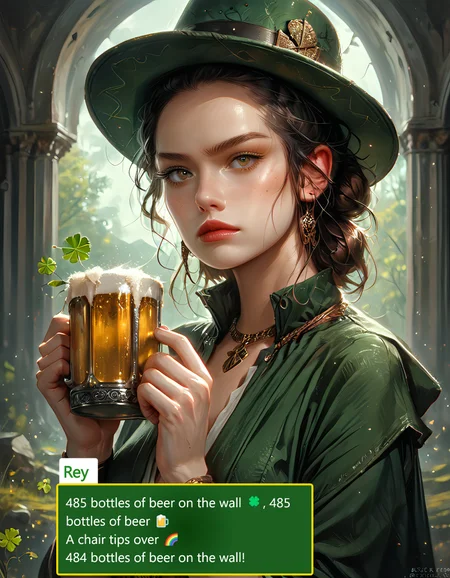 score_9, score_8_up, score_8, medium breasts, (ultra realistic,32k, masterpiece:1.2), (high detailed skin:1.1), (high quality:1.1),
(upper body, portrait:1),
ShamrockWorld, clover, four-leaf clover, light particles, solo,
corset, long sleeves, collared dress, solo, looking at viewer, (top hat), holding, belt, cup, no humans, holding cup, alcohol, mug, green headwear, hat feather, beer, beer mug, clover, four-leaf clover, green cape, green capelet,
volumetric lighting, mood lighting, low lights, soft light, hazy, intricate details, rating_explicit, (ultra realistic, 32k, masterpiece:1.2), (high detailed skin:1.1), (high quality:1.1), bokeh, luminescent background, zPDXL, ral-cltc, Expressiveh, Rey, Light brown hair, Wavy hairstyle, Fair skin, Hazel eyes, Triple bun hairstyle, Toned physique, Simple, practical clothing, Wears wrist wraps, Scavenger attire, Desert-weathered look, Rey, 1girl, solo, brown hair, brown eyes,