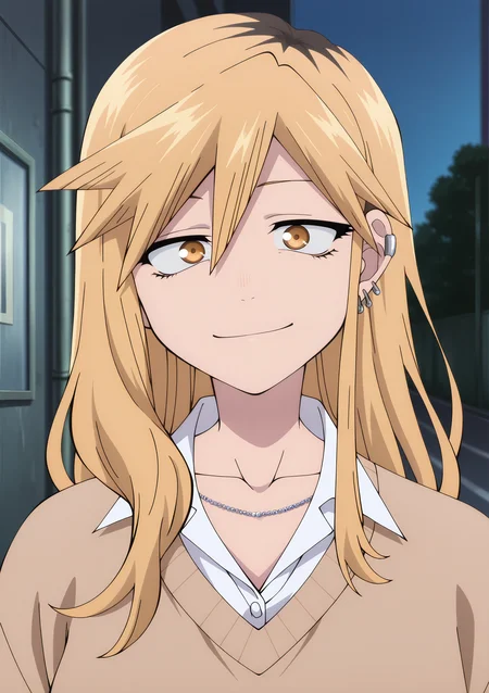 detailed background, official style,anime coloring, (anime screencap) masterpiece, detailed face,1girl <lora:Seri_Kikyou-15:1>Seri, two-tone hair, blonde hair, solo, jewelry, piercing, yellow eyes, necklace, shirt, long hair, ear piercing, earrings, blurry background, hair between eyes, white shirt, school uniform, smile, upper body, collared shirt, brown hair, blurry, sweater, collarbone, bangs, closed mouth, stud earrings, bags under eyes, outdoors, brown sweater, looking at viewer, gyaru, cardigan, open collar, multiple earrings, v-neck