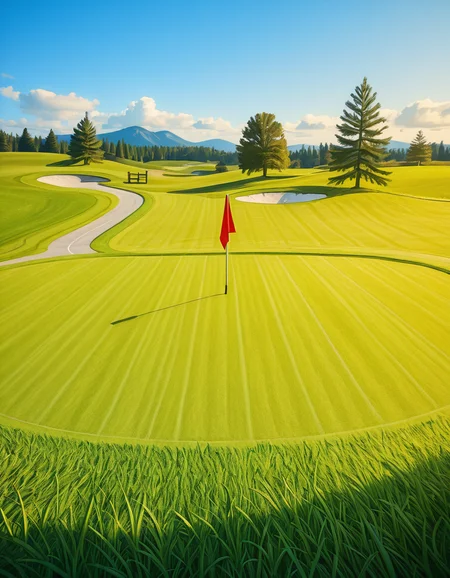 A beautifully maintained golf green in the golden light of late afternoon. The smooth, vibrant green grass is perfectly trimmed, with subtle undulations adding depth to the putting surface. A bright red flag flutters gently atop a sleek white pin, marking the hole at the center of the green. Surrounding the green, a soft fringe of slightly longer grass transitions into the rolling fairway, which stretches toward the horizon. In the background, tall pine trees cast long shadows, and a tranquil water hazard reflects the warm hues of the sky. The atmosphere is calm and inviting, capturing the essence of a perfect golfing moment.
<lora:SDXLFaeTastic2400:0.4> <lora:extremely_detailed:0.4> extremely detailed, <lora:golf_c0urs3-ill:1>,golf c0urs3, Masterpiece,best quality,hi res,8k,hi res,8k,award winning,(sharp focus, intricate, highly detailed),