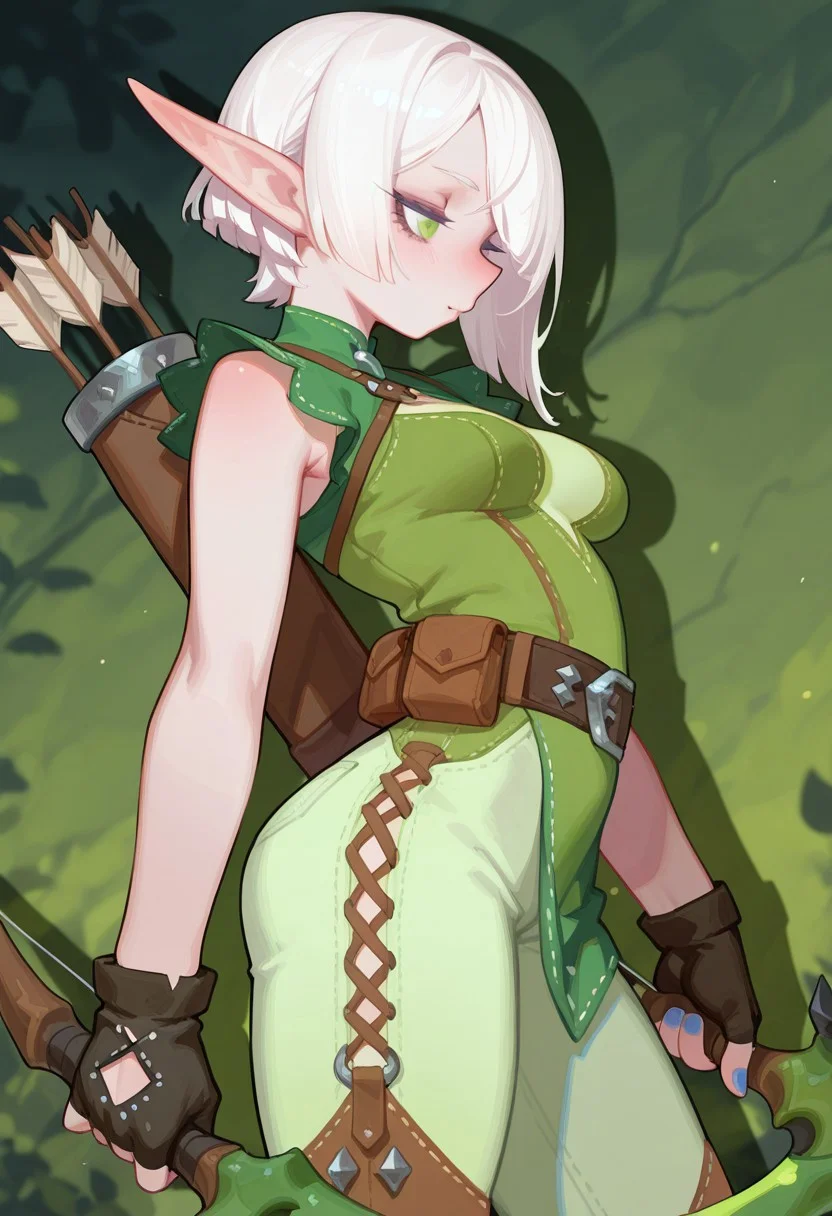 F3n6l1, masterpiece, very aesthetic, absurdres, (solo:1.5),
(high elf:1.5), 1girl, expressive eyes, feminine eyes, beautiful detailed eyes:1, perfect face, green eyes, long pointy ears, (white hair:1.5), (punk style hair), (pale skin:1), (asymmetrical haircut), medium breasts, (green elf bowmaster outfit:1.5), (fingerless gloves:1.5), blue nails, quiver, holding bow,