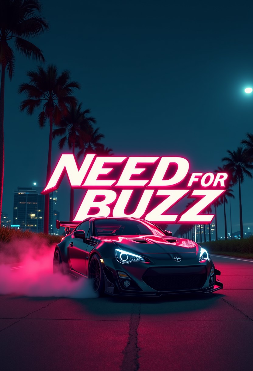 the logo is in the style of Need For Speed but with the text "NEED FOR BUZZ", the logo stands on the ground, in front of the logo is a racing car, a JDM car, the car stands half-sideways, smoke, the logo is embedded in the environment,
Against the background of night, palm trees, road, miami,