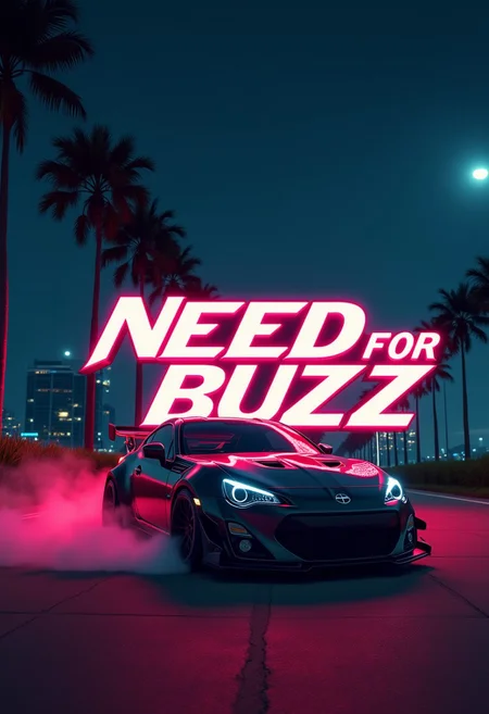 the logo is in the style of Need For Speed but with the text "NEED FOR BUZZ", the logo stands on the ground, in front of the logo is a racing car, a JDM car, the car stands half-sideways, smoke, the logo is embedded in the environment,
Against the background of night, palm trees, road, miami,