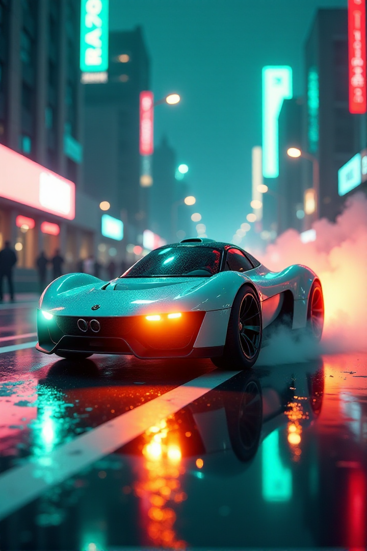 Hovercar Race portrayed in a Futuristic Neon Flare setting, where artificial lights create lens flares in a cyberpunk cityscape. Employ electric Teal and Orange to enhance the modern, high-tech atmosphereâââ