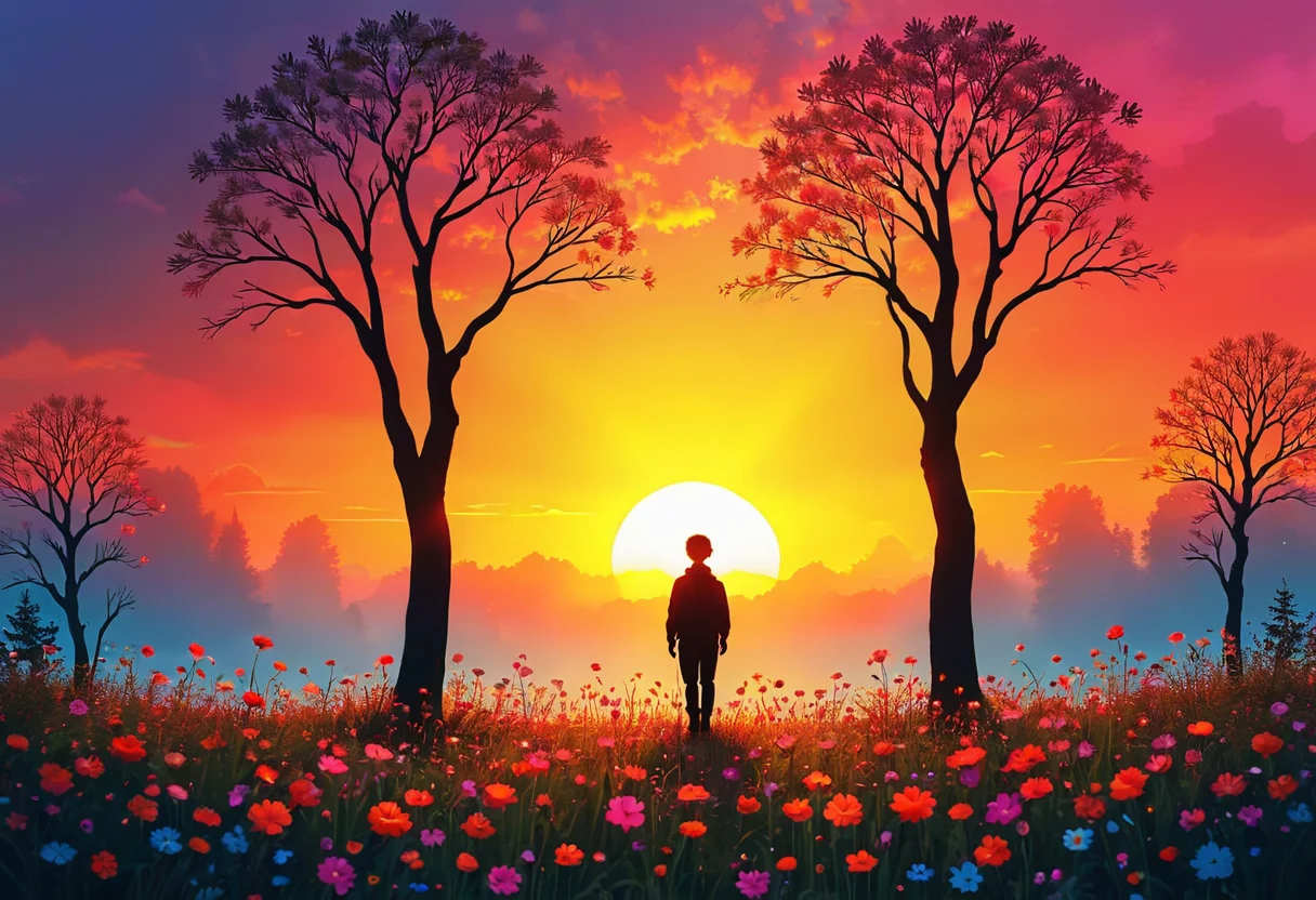 <lora:Flux-XL_Scenery:1>,flux-scenery scenic nature landscape, silhouette of a person, sunrise, vibrant flowers, trees