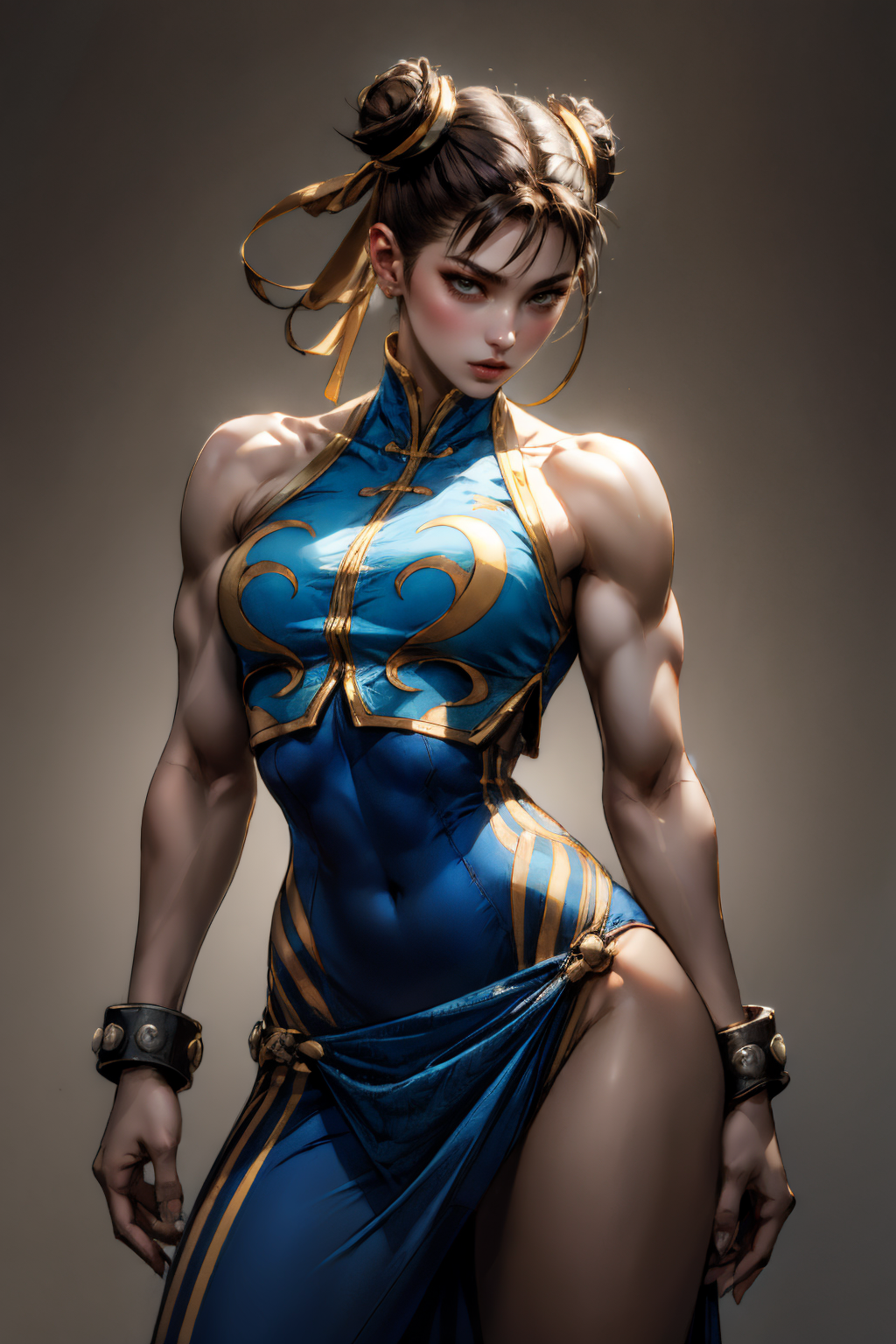cowboy shot of chun-li, bare shoulders, pelvic curtain,  toned, athletic, simple background <lora:Alpha_Chunners-DEF:0.8> alphachun