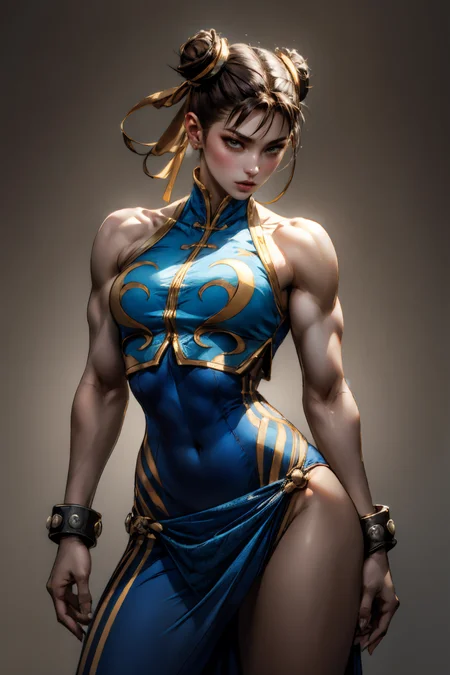 cowboy shot of chun-li, bare shoulders, pelvic curtain,  toned, athletic, simple background <lora:Alpha_Chunners-DEF:0.8> alphachun