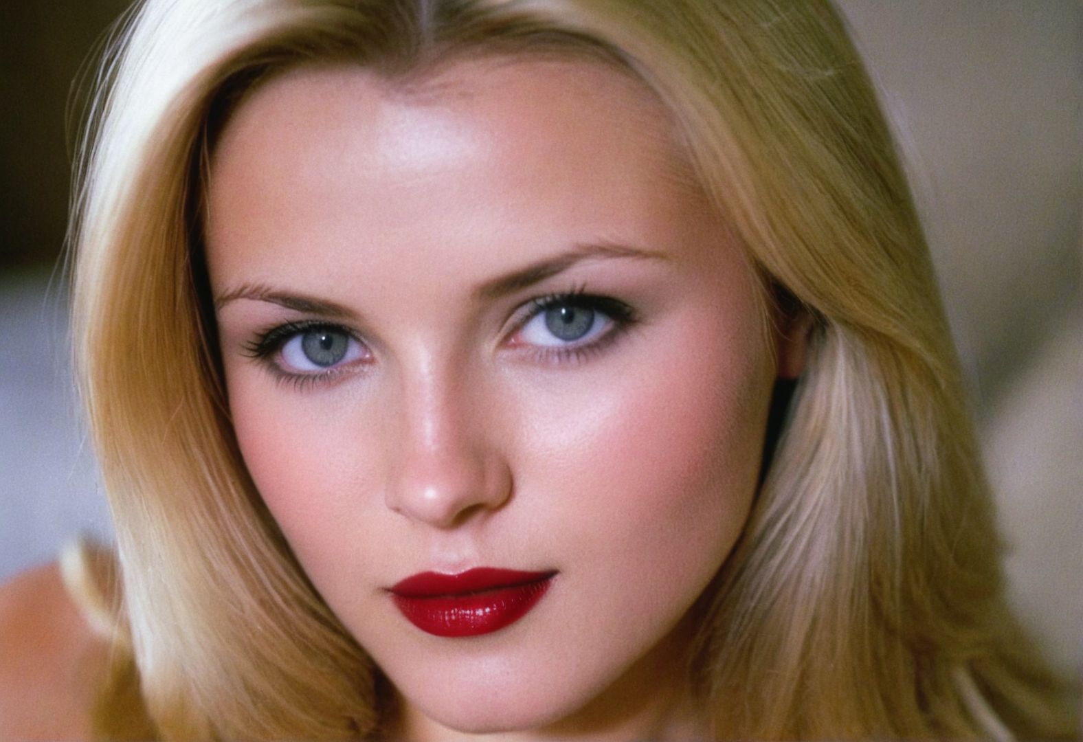 (Paula Price) ((analog photo)) blonde ((slavic)) woman indoors, grey eyes, glossy dark lipstick, (((soft focus, depth of field, film grain, masterpiece, looking at viewer))) <lora:EuroBabe-v4-XL:0.6>