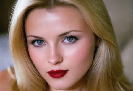 (Paula Price) ((analog photo)) blonde ((slavic)) woman indoors, grey eyes, glossy dark lipstick, (((soft focus, depth of field, film grain, masterpiece, looking at viewer))) <lora:EuroBabe-v4-XL:0.6>