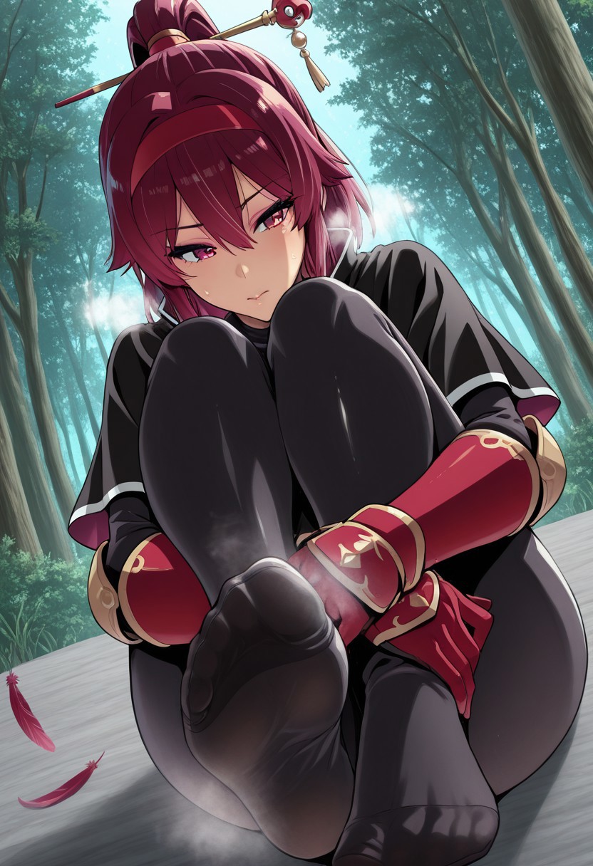 outdoors, undershirt, falling feathers, black bodysuit, hair stick, hugging own legs, , gauntlets,   eyeshadow,   red gloves,  high ponytail,  , black capelet, red hairband, pink eyes, 1girl, solo, feet, visible breath, 
 dynamic angle, foreshortening, smell, steam, Takeda Hiromitsu