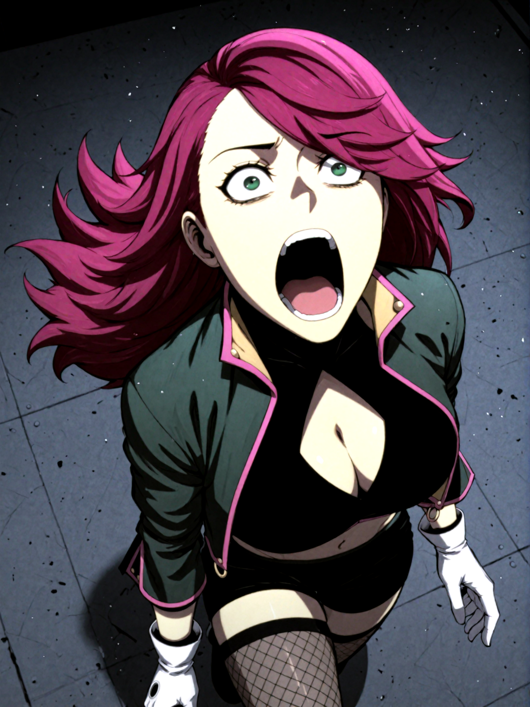 ILXLpos,Beris, 1 girl, solo, green eyes, magenta hair, long hair, voluminous hair, asymmetrical bangs, side swept bangs, hair over one eye,Beris_outfit1, black crop top, cleavage cutout, deep v-neck, open cropped jacket, green jacket, pink trim, exposed midriff, black shorts, fishnet stockings, upper body, white gloves, circular decoration on gloves,from above,screaming,<lora:Beris:0.8>