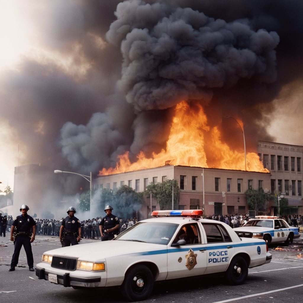 cinematic film still of  <lora:1990's style:1>
In the 1990's a fire is raging in the background of a building with police car upfront in la riots,outdoors,sky,no humans,fire,ground vehicle,building,scenery,motor vehicle,smoke,city,car,road,vehicle focus,street,truck , realistic,realism, detailed, perfection,perfect,filmic,retro,vintage,classic,different haircut,different look,different style,different people, 1990's style , 1990 style, shallow depth of field, vignette, highly detailed, high budget, bokeh, cinemascope, moody, epic, gorgeous, film grain, grainy