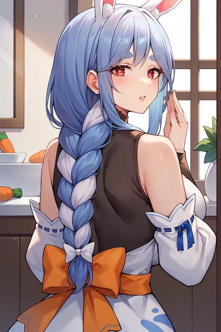 score_9, score_8_up, score_7_up, uncensored, source_anime, 1girl, mature female, <lora:sppekomamadefXLPony:1> pekomamadef, thick eyebrows, bunny-shaped pupils, rabbit ears, animal ear fluff, apron, dress, detached sleeves, bow, carrot hair ornament, looking at mirror, parted lips, solo, close-up, from behind