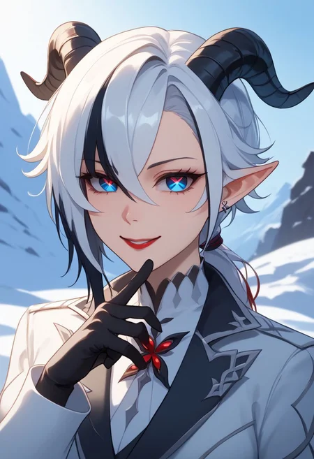 score_9, score_8_up, score_7_up, BREAK  <lora:Miavt-10:1> MiavtSDXL,  1girl, solo,  short hair, blue eyes, hair between eyes, medium breasts, ponytail,  (white hair), black horns, pointy ears, goat horns, double pigtail, BREAK close up BREAK dressed like Rem, outdoors, snow, gloves, streaked hair, earrings, jewelry, bangs, smile, red lips, black hair, multicolored hair, arlecchino gi, x-shaped pupils