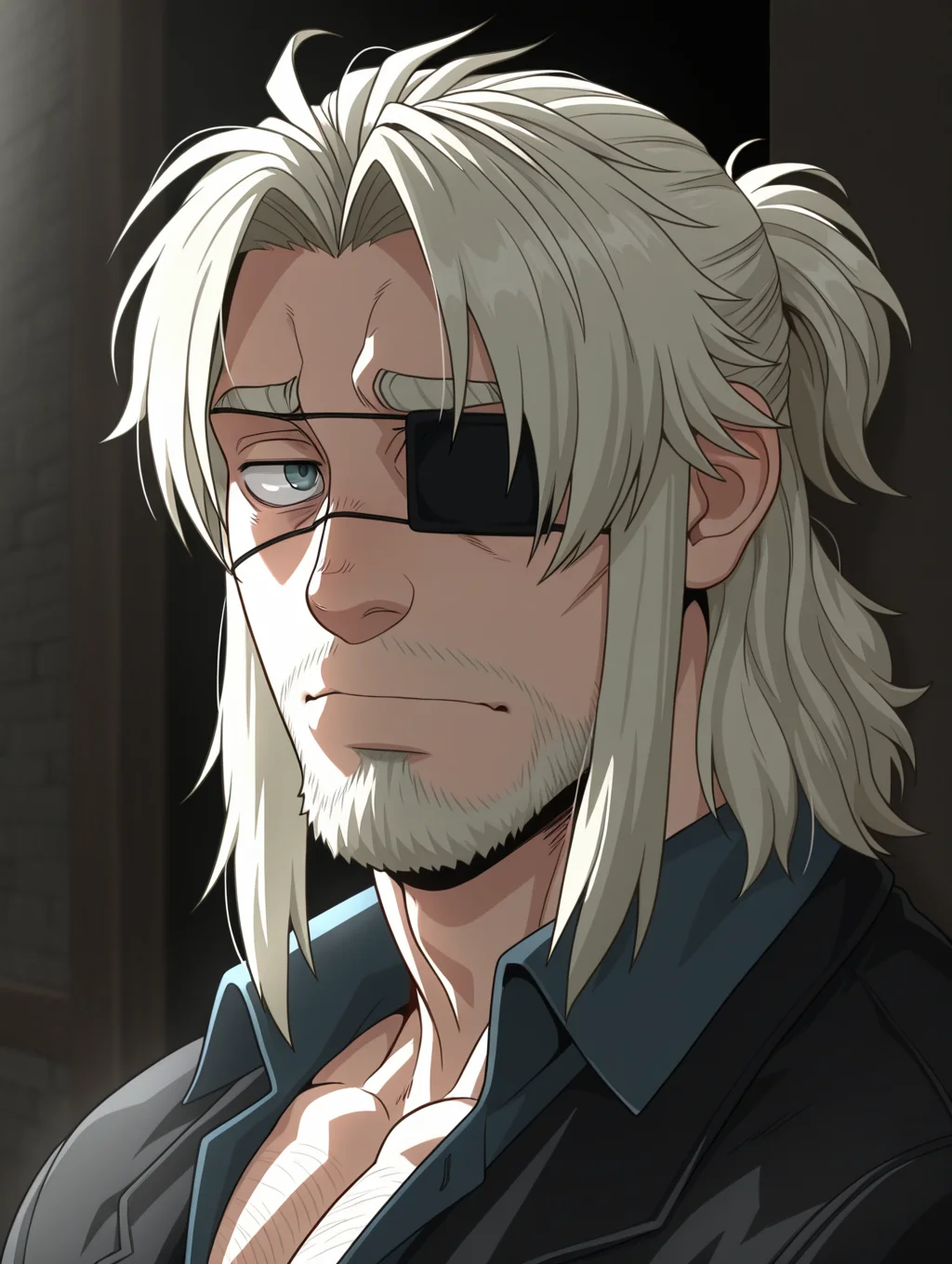 masterpiece, best quality, amazing quality, Worick Arcangelo, grey eyes, eyepatch, beard, acial hair, Blonde hair, 1 boy, male focus, bara, solo