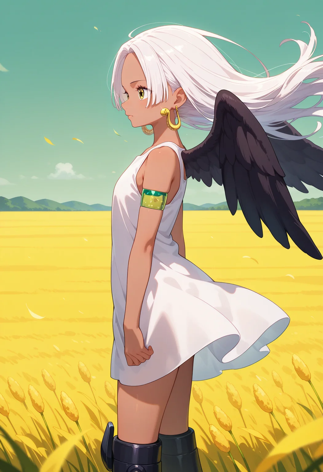 best quality, masterpiece, aass, long hair, white hair, dark-skinned female, earrings, yellow eyes, star-shaped pupils, black wings, white dress, sleeveless, armlet, knee boots, black footwear, <lora:s-snake_ilxl_v1:0.9>, standing, cowboy shot, field, wind, from side,