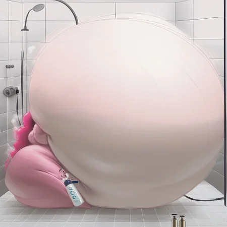 belly size bigger than main body)), (gigantic belly:2.0), goddess, shower, bathroom, cute, nervous, shy, heavy breathing, in heat, open mouth, aroused, hands on belly, hose leading into butt from air pump on ground, huge Belly press on mirror, Pinkie Pie, Equestria Girls