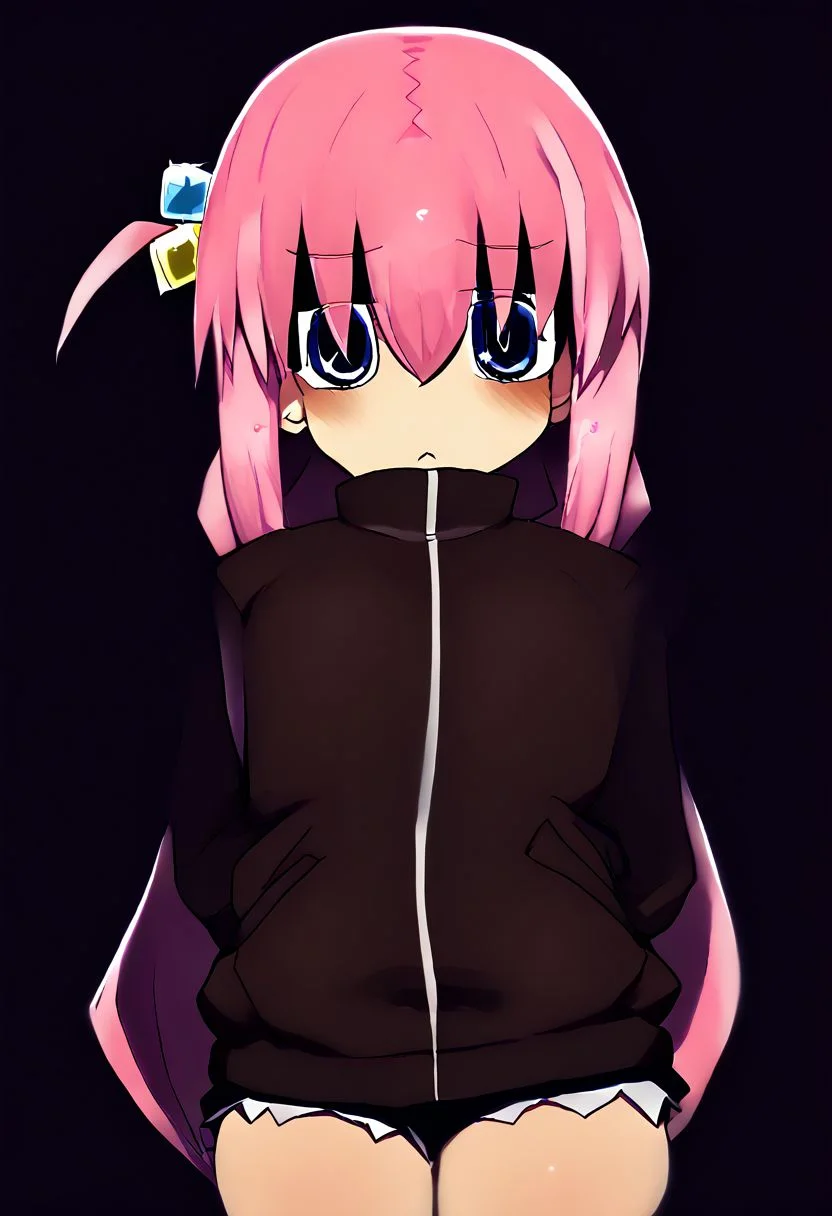 gotoh_hitori, bocchi_the_rock! 1girl,gotou_hitori,solo,pink_hair,track_jacket,hair_ornament, cube_hair_ornament, long_hair, score_1, score_2, score_3, bad, low quality, terrible art, bad art,
