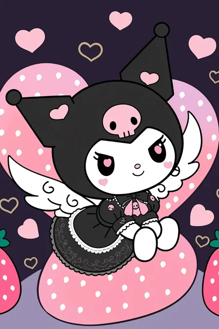 8k, best quality, masterpiece, (ultra-detailed), (high detailed skin), full body, solo, looking at viewer,
<lora:kuluomi-neta2-Tanger-000014:0.7>, kuluomi cat, default clothes, black cat ears, forehead skull mark, Black head covering, cute anime pet, no humans, animal focus,
flying, fruit, food, strawberry, heart, dress,
