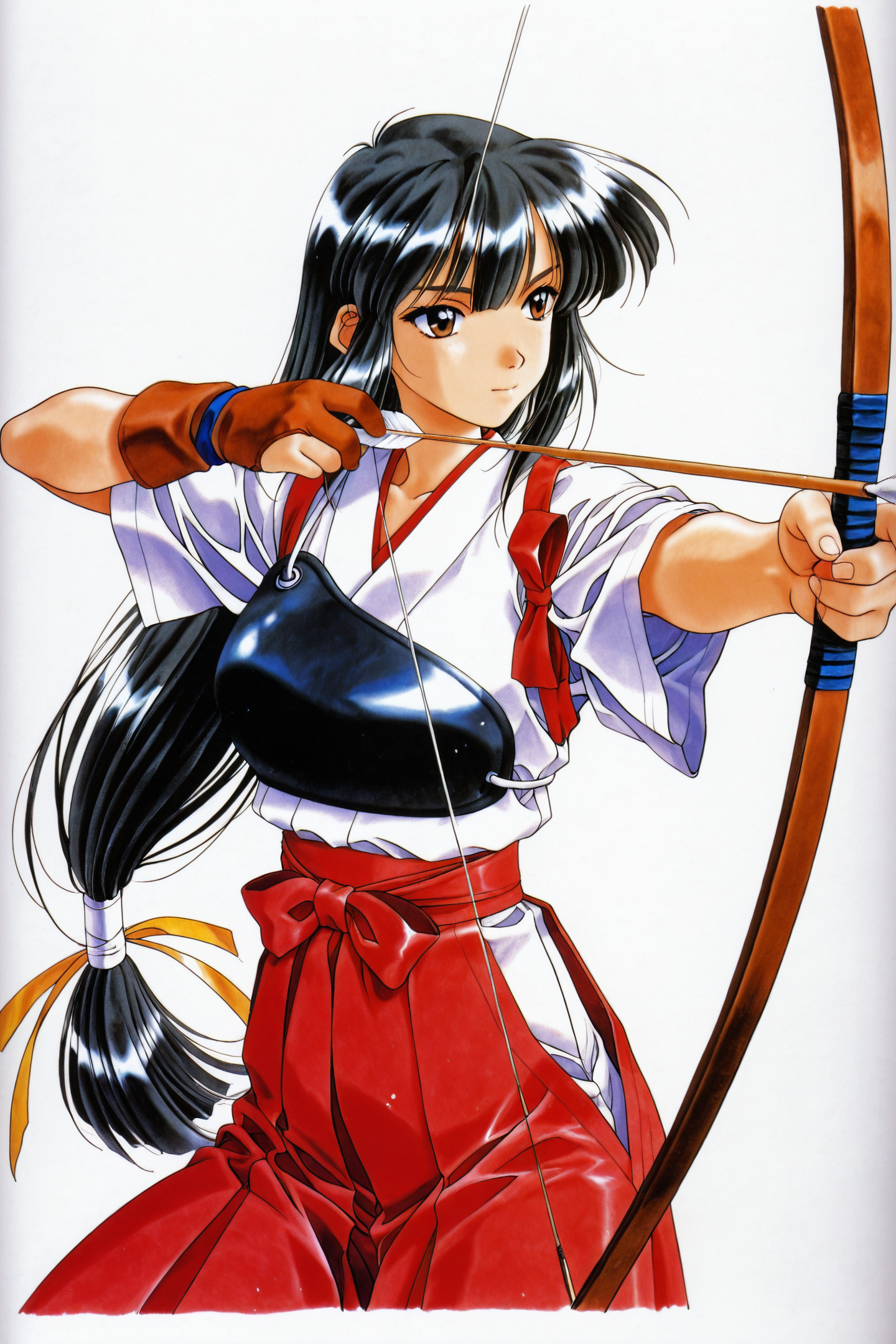 Wakana Ayasaki,1girl,archery,bow \(weapon\),solo,weapon,muneate,drawing bow,kyuudou,japanese clothes,holding bow \(weapon\),arrow \(projectile\),long hair,gloves,partially fingerless gloves,yugake,skirt,hakama,aiming,black hair,hakama skirt,brown eyes,single glove,retro artstyle,outstretched arm,holding weapon,holding,1990s \(style\),white background,simple background,very long hair,holding arrow,low-tied long hair,traditional media,traditional media,closed mouth,
<lora:Mizutani Tooru_illustriousXL:1>,