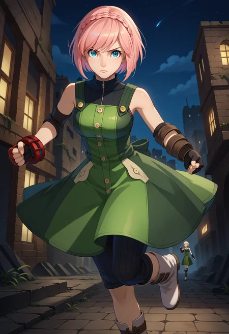 score_9, score_8_up, source_anime, 1girl, running, serious, clenched hand, <lora:KanonGE-pdxl-bsinky-v1:1> defKan, short hair, pink hair, crown braid, blue eyes, green pinafore dress, turtleneck, bare shoulders, arm warmers, black gloves, fingerless gloves, red bracelet, black pants, knee boots, white footwear, night, ruins, city