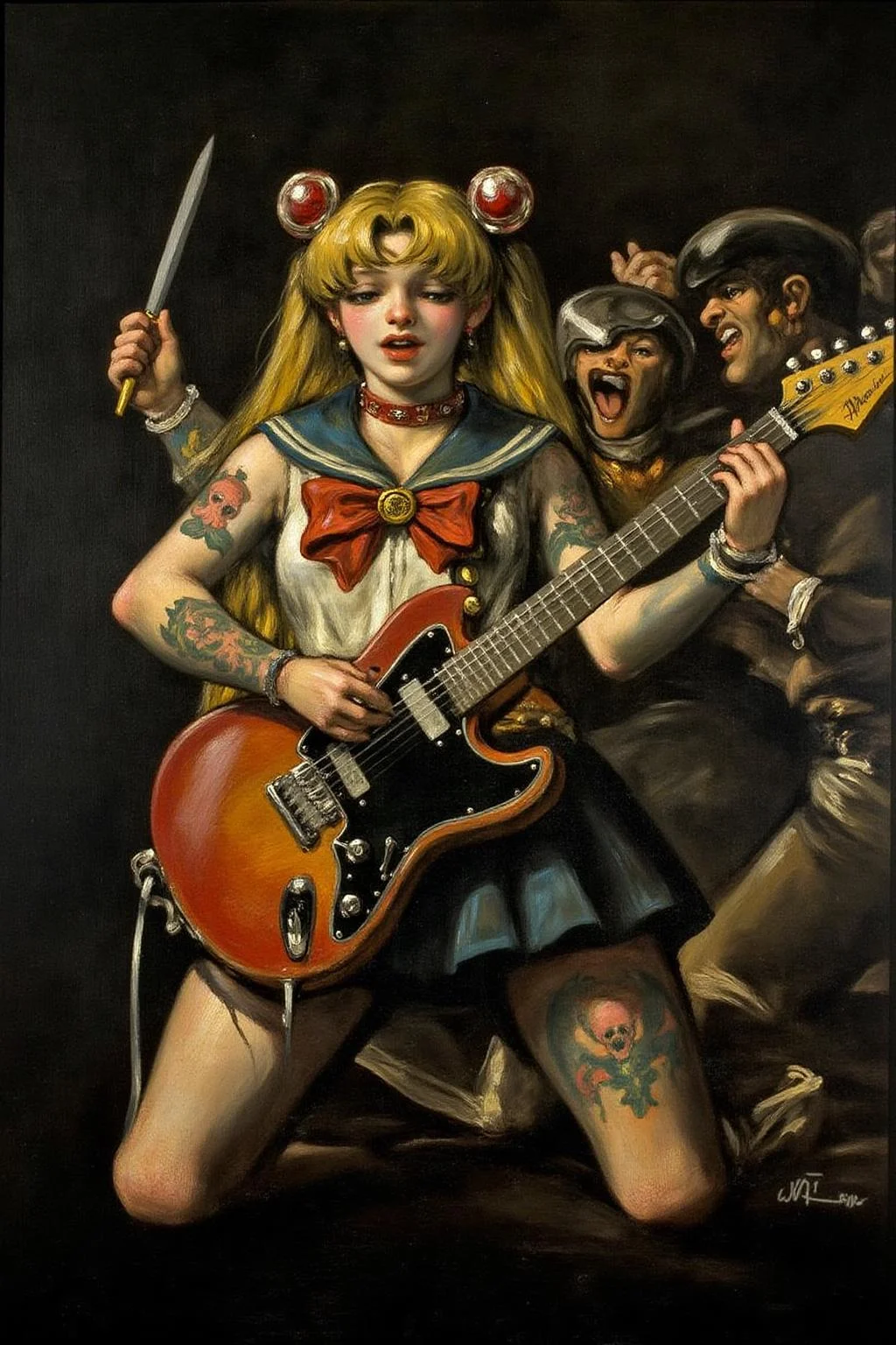 g0ya1 painting of a punk sailor moon playing a guitar at a heavy metal mosh pit, tattoos, piercing <lora:g0ya2_cap_d6a3e12:1.0><lora:823857891107787211:0>