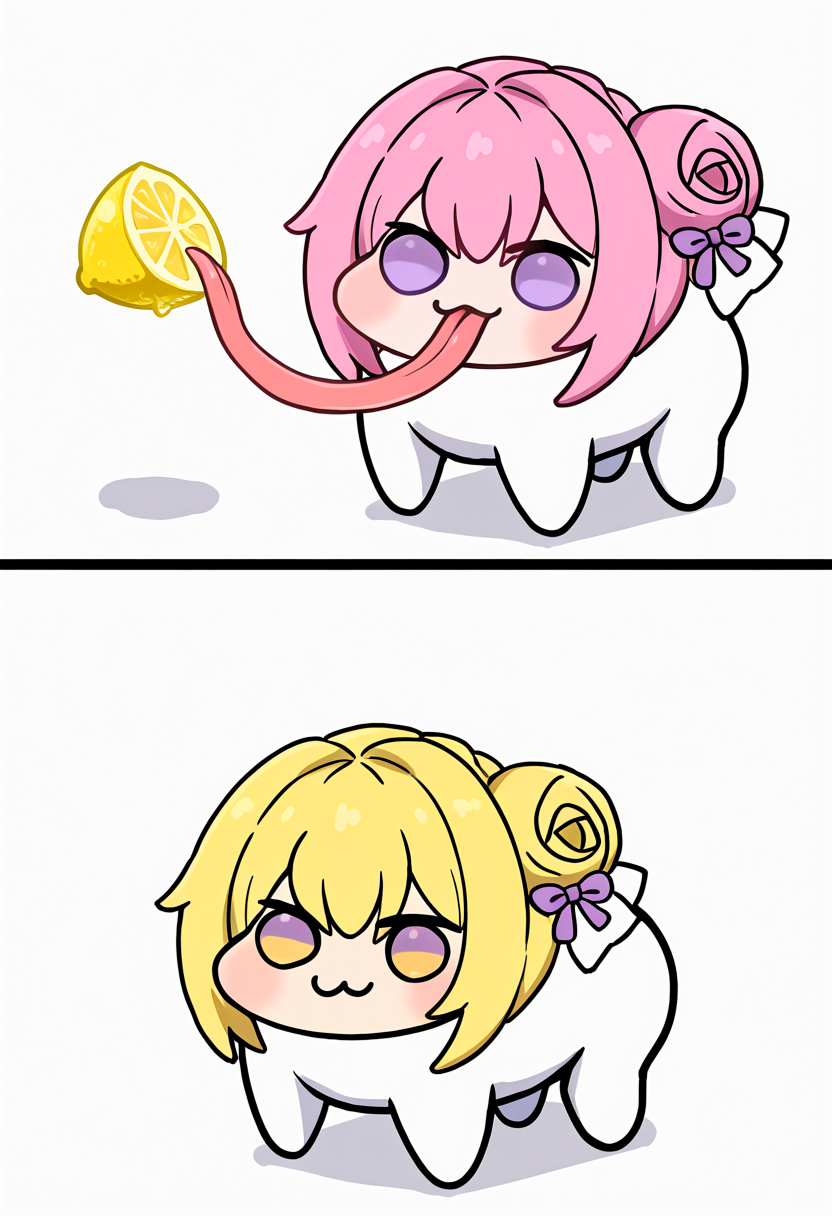 (masterpiece, best quality, amazing quality), absurdres, very awa, thour_meme, sour (taste), 2koma, simple background,
BREAK
1girl, doro, :3, chibi, no pupils, solid circle eyes, full body, white skin, all fours, dorothy \(nikke\), pink hair, purple eyes, single side bun, hair bow, purple ribbon, tongue, long tongue, tongue out, licking lemon, lemon, lemon slice,
BREAK
2others, doro, :3, chibi, no pupils, solid circle eyes, full body, white skin, all fours, dorothy \(nikke\), pink hair, purple eyes, single side bun, hair bow, purple ribbon, smile, four legs lemon monster with yellow hair, yellow eyes, 
<lora:Lemon_-_Thour_meme_-_Puckered_Face:1>,  <lora:doro_xypher_ixl_v1:0.8>