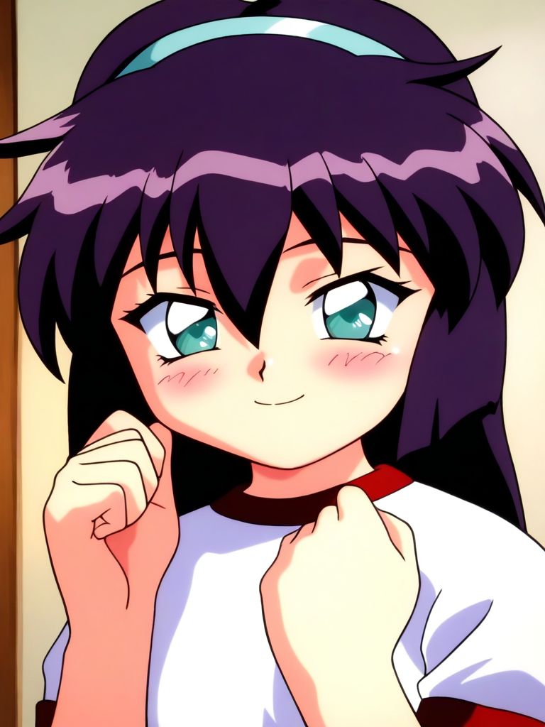general,highres, ultra-detailed,very aesthetic,best quality ,best hands, BREAK  <lora:Amano_Misao_Pretty_Sammy_IS:1>
Amano_Misao, 1girl, solo, purple hair, long hair, bangs,  light blue hairband, green eyes,  hair between eyes, 
smile, blush, looking at viewer, shirt, white shirt, closed mouth, retro artstyle, gym shirt, upper body, ponytail, blue eyes, hand up, portrait