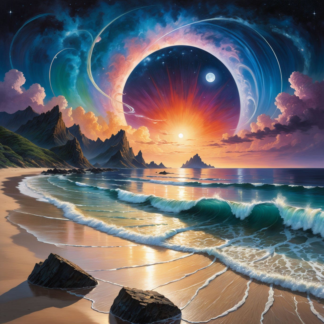 In this mythical night scene viewed from high above, the panorama unfolds with breathtaking grandeur. A majestic planet hangs like a luminescent jewel in the cosmic tapestry, its rings shimmering with ethereal beauty. Nebulous star clusters form swirling galaxies, their cosmic dance painting the heavens with hues of celestial wonder. A celestial ballet of shooting stars streaks across the firmament, leaving ephemeral trails of stardust in their wake. The atmosphere is alive with an aurora of shimmering colors, weaving ribbons of light through the velvety darkness.
Fantastical clouds, resembling enchanted creatures from ancient myths, drift gracefully across the night sky, their billowing forms illuminated by the soft glow of distant stars. Below, the tranquil sea glimmers under the moon's silvery embrace, its surface a mirror reflecting the luminous spectacle above. Waves gently lap against the shores, adding a soothing rhythm to the symphony of celestial beauty. This mythical night scene transports observers to a realm where imagination and reality merge in a breathtaking display of cosmic artistry.
<lora:add-detail-xl:0.85>,
<lora:EnvyBetterHiresFixXL01:1.0>,
<lora:extremely_detailed:1.0>, extremely detailed,