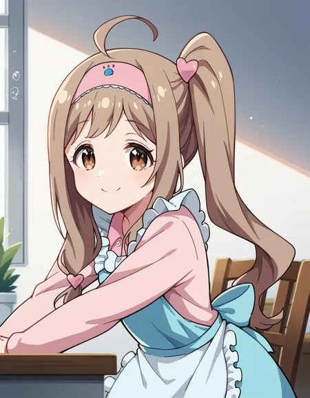 score_9, score_8_up, score_7_up, source_anime,
kinuehayase, <lora:kinue-hayase-s2-ponyxl-lora-nochekaiser:1>
kinue hayase, long hair, brown hair, brown eyes, side ponytail, hairband, sidelocks, ahoge,
dress, apron, blue apron, frills, frilled apron, long sleeves, heart, hair ornament,
indoors, smile, bent over,
looking at viewer, cowboy shot, dutch angle, solo,