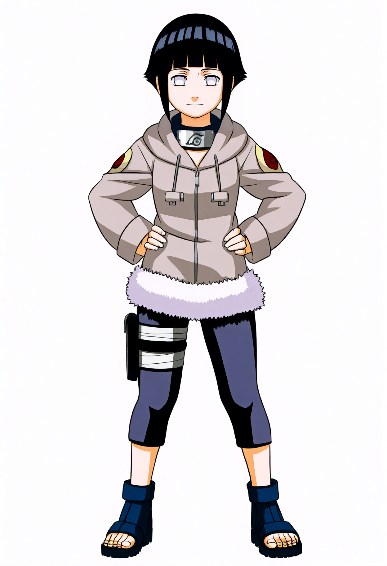 masterpiece, best quality, very aesthetic, absurdres BREAK
1girl, hyuuga hinata, short hair, black hair, no pupils, blunt bangs, shiny hair, white eyes, hoodie, hood down, long sleeves, capri pants, fur trim, thigh holster, toeless shoes,
hands on hips, smile, standing, full body, looking at viewer, solo, simple background, white background    <lora:HinataGeninIllustriousXL_byKonan:1>