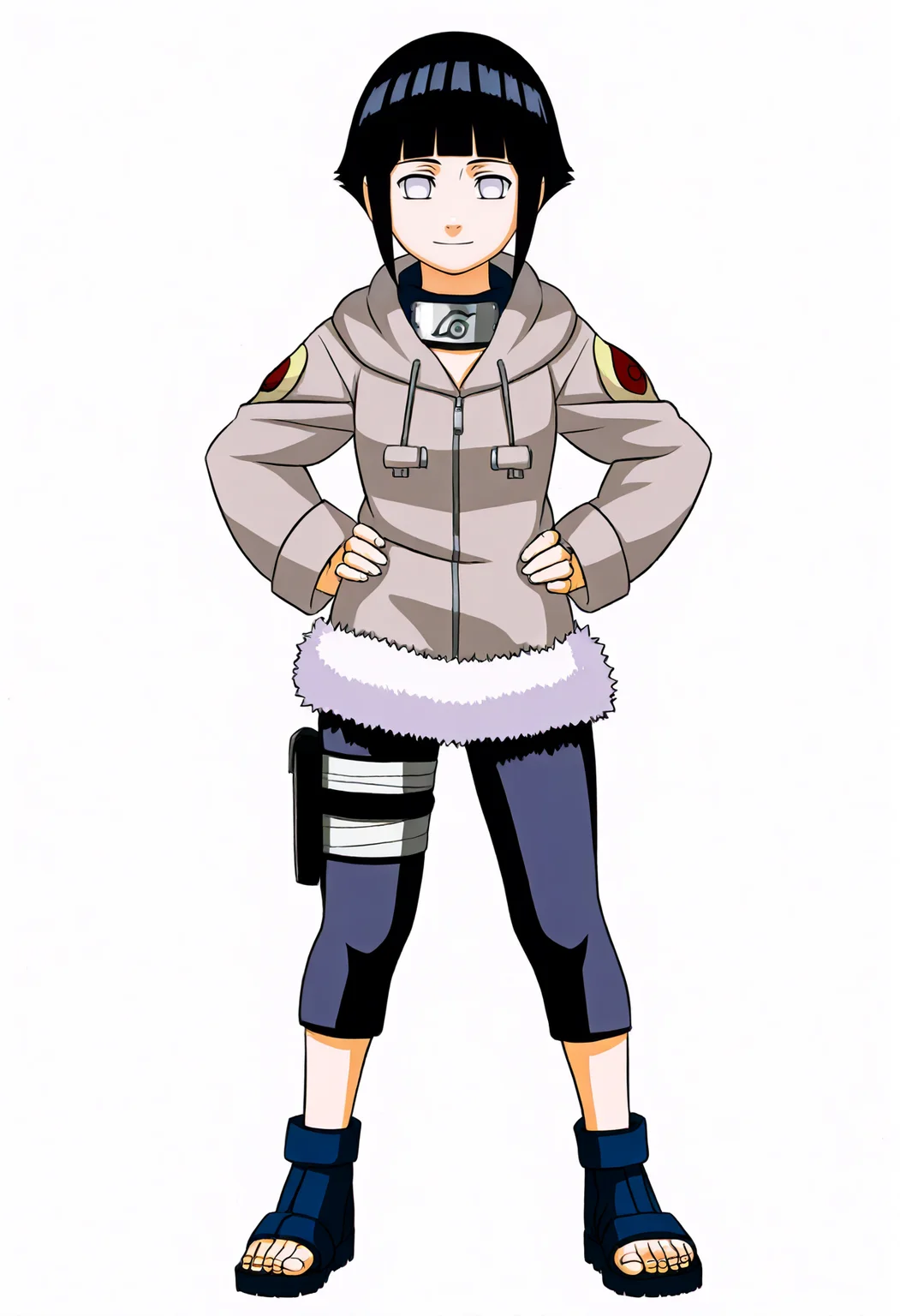 masterpiece, best quality, very aesthetic, absurdres BREAK
1girl, hyuuga hinata, short hair, black hair, no pupils, blunt bangs, shiny hair, white eyes, hoodie, hood down, long sleeves, capri pants, fur trim, thigh holster, toeless shoes,
hands on hips, smile, standing, full body, looking at viewer, solo, simple background, white background <lora:HinataGeninIllustriousXL_byKonan:1>
